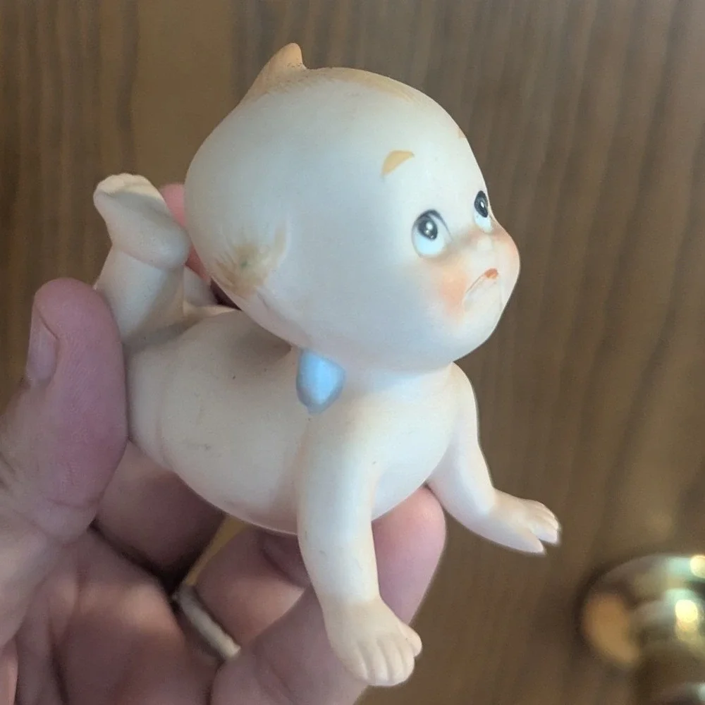 Two Vintage Bisque Porcelain Lefton Kewpie Figurines Grumpy Pouting Disgruntled